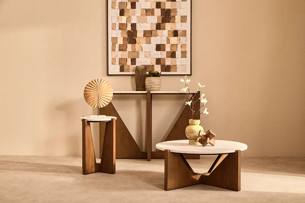 Orsina Walton Travertine Console Table – Brown Acacia Wood Frame
