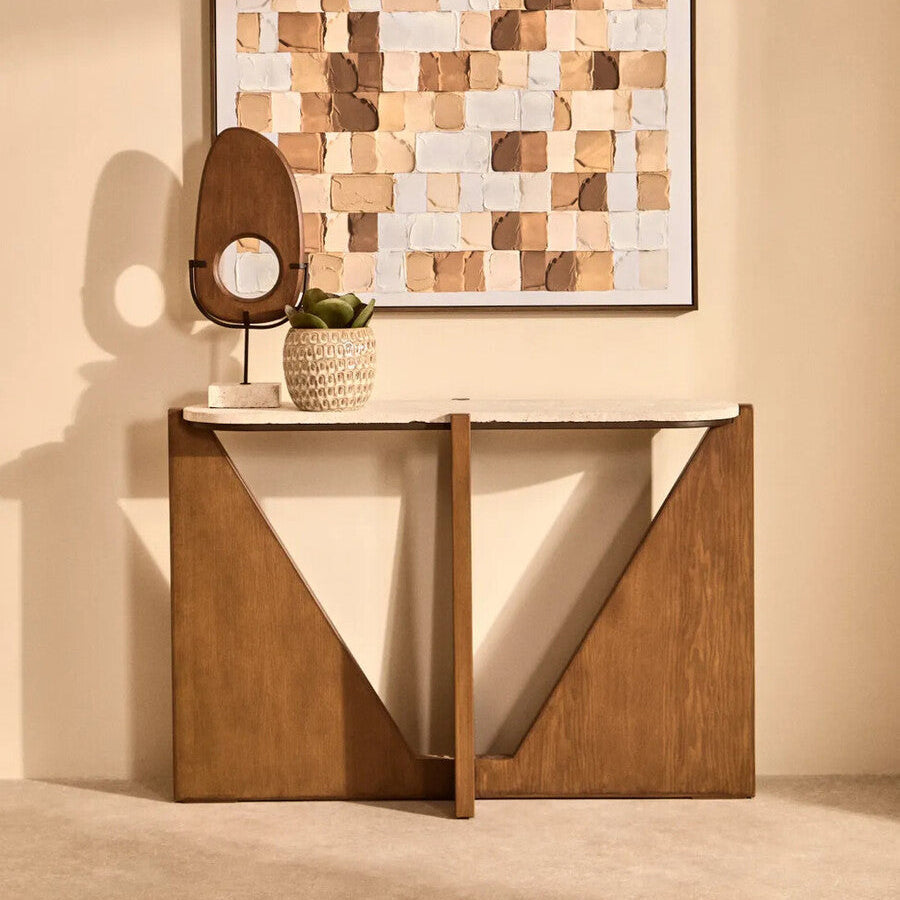 Orsina Walton Travertine Console Table – Brown Acacia Wood Frame