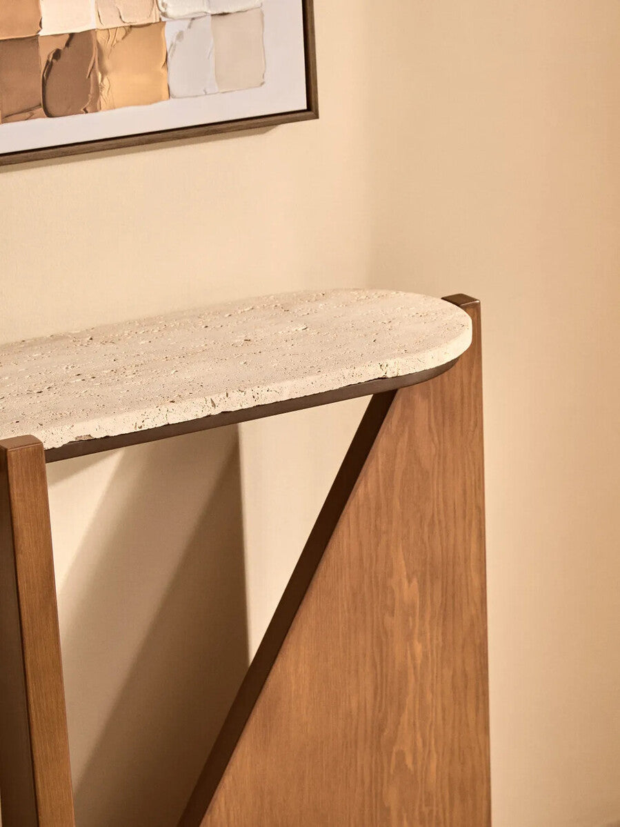 Orsina Walton Travertine Console Table – Brown Acacia Wood Frame