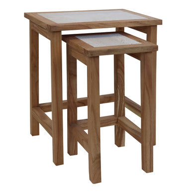 Orsina Womad Nesting Side Tables - Cream Travertine & Acacia Wood