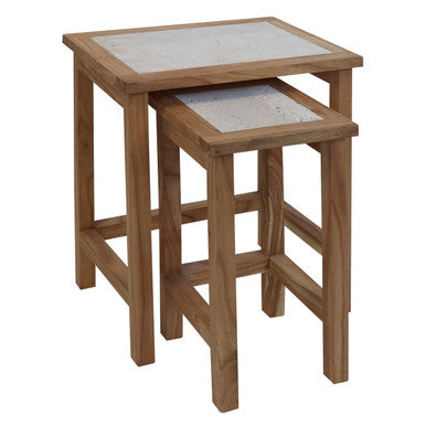 Orsina Womad Nesting Side Tables - Cream Travertine & Acacia Wood