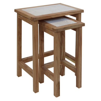 Orsina Womad Nesting Side Tables - Cream Travertine & Acacia Wood
