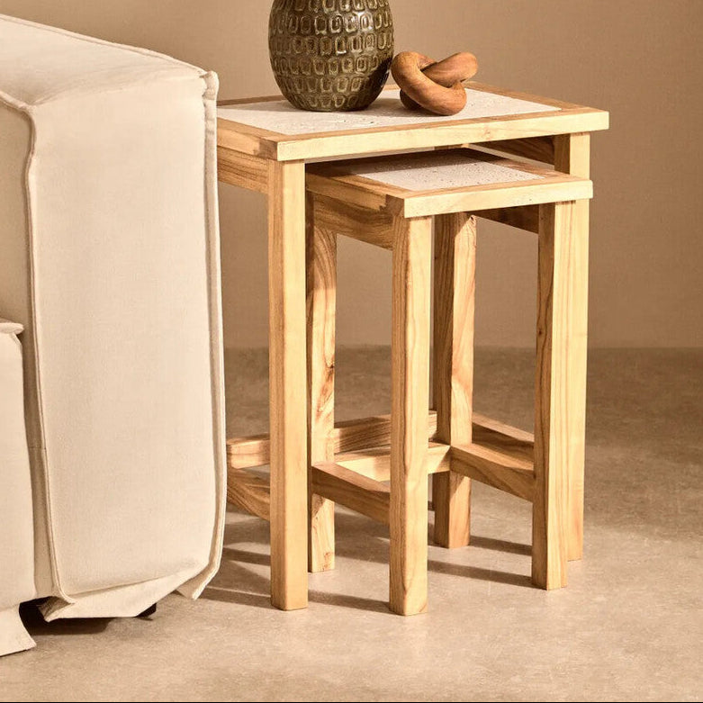 Orsina Womad Nesting Side Tables - Cream Travertine & Acacia Wood