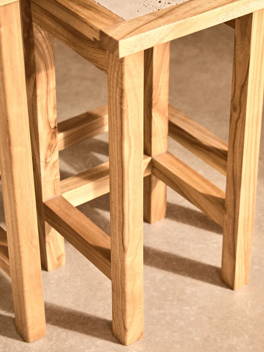 Orsina Womad Nesting Side Tables - Cream Travertine & Acacia Wood