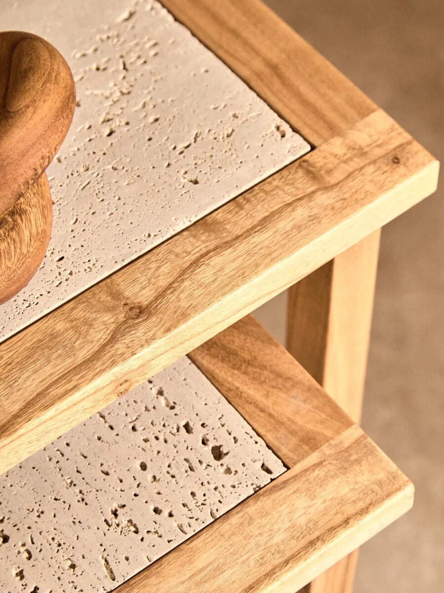 Orsina Womad Nesting Side Tables - Cream Travertine & Acacia Wood