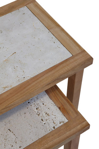 Orsina Womad Nesting Side Tables - Cream Travertine & Acacia Wood