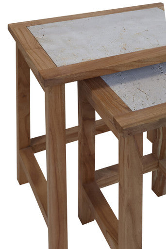 Orsina Womad Nesting Side Tables - Cream Travertine & Acacia Wood