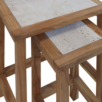 Orsina Womad Nesting Side Tables - Cream Travertine & Acacia Wood