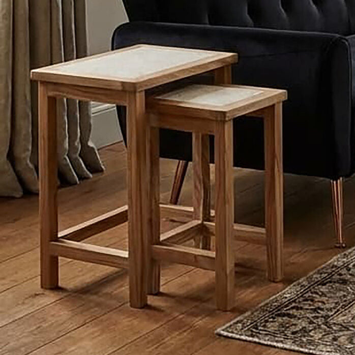 Orsina Womad Nesting Side Tables - Cream Travertine & Acacia Wood