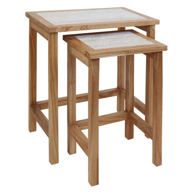 Orsina Womad Nesting Console Tables | Cream Travertine & Acacia Wood
