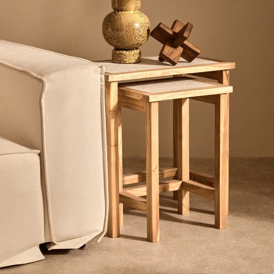 Orsina Womad Nesting Console Tables | Cream Travertine & Acacia Wood
