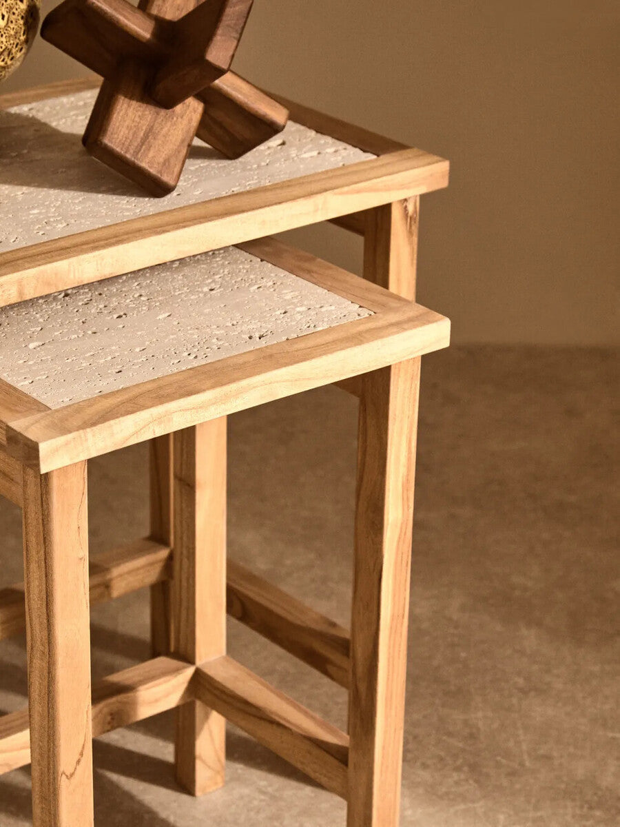 Orsina Womad Nesting Console Tables | Cream Travertine & Acacia Wood