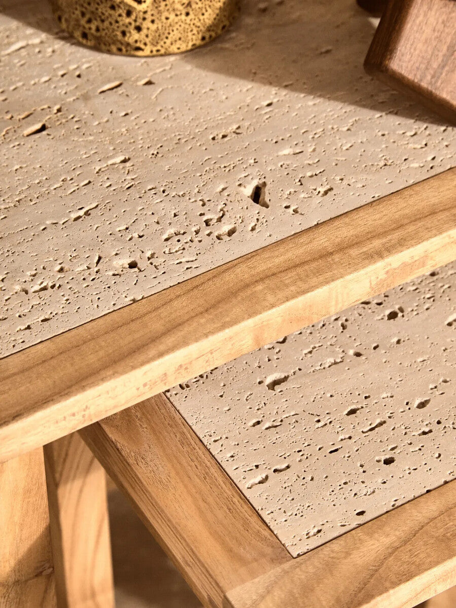 Orsina Womad Nesting Console Tables | Cream Travertine & Acacia Wood