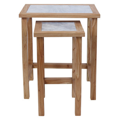 Orsina White Marble Nesting Side Tables with Natural Wood Frames – Set of 2