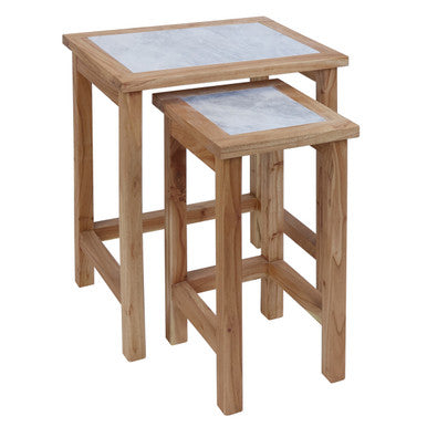 Orsina White Marble Nesting Side Tables with Natural Wood Frames – Set of 2