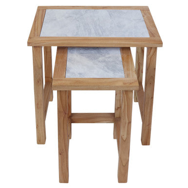 Orsina White Marble Nesting Side Tables with Natural Wood Frames – Set of 2