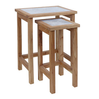Orsina White Marble Nesting Side Tables with Natural Wood Frames – Set of 2