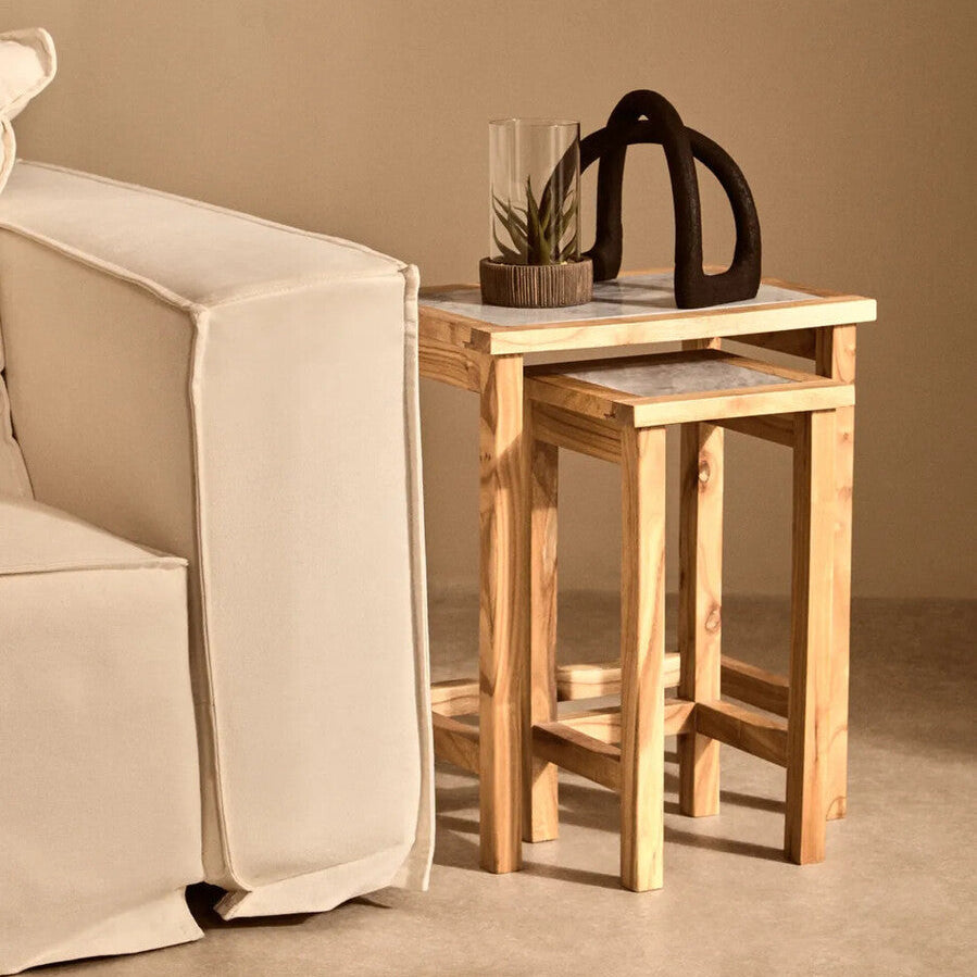 Orsina White Marble Nesting Side Tables with Natural Wood Frames – Set of 2