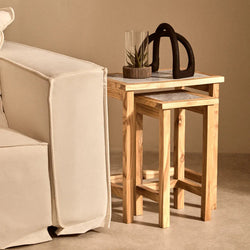 Orsina White Marble Nesting Side Tables with Natural Wood Frames – Set of 2