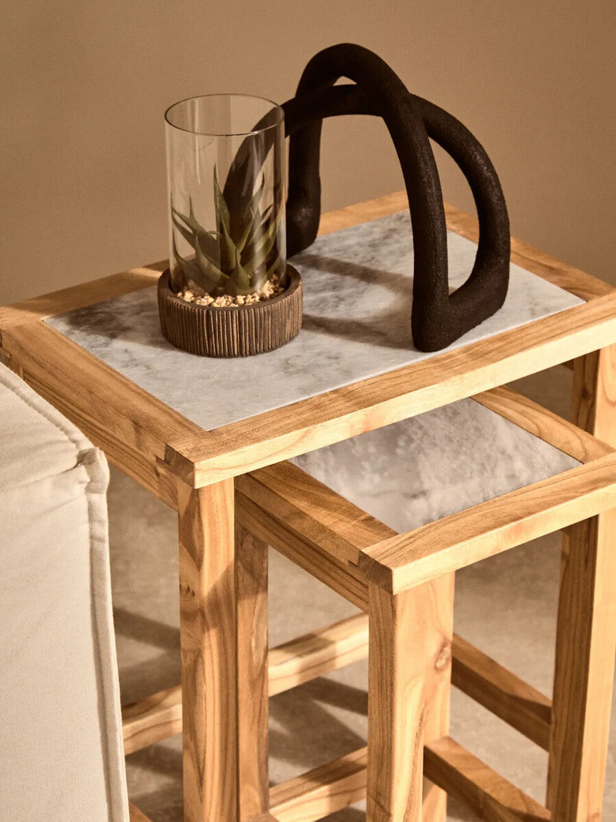 Orsina White Marble Nesting Side Tables with Natural Wood Frames – Set of 2