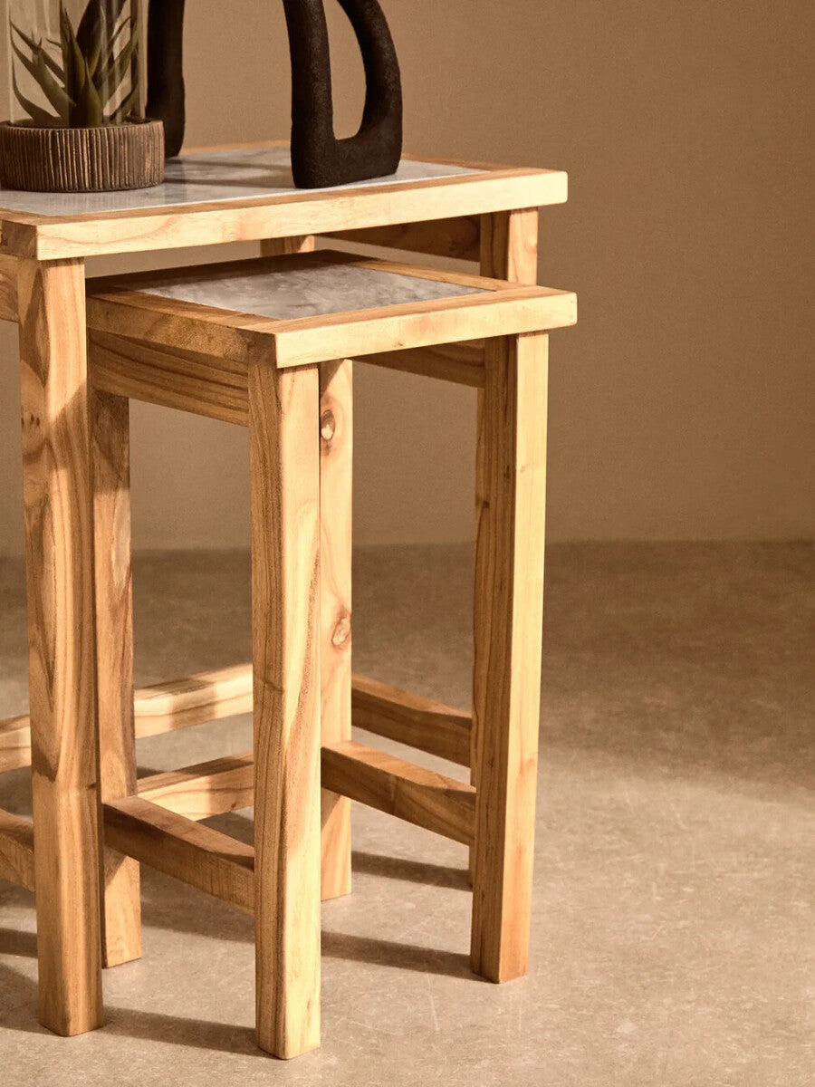 Orsina White Marble Nesting Side Tables with Natural Wood Frames – Set of 2