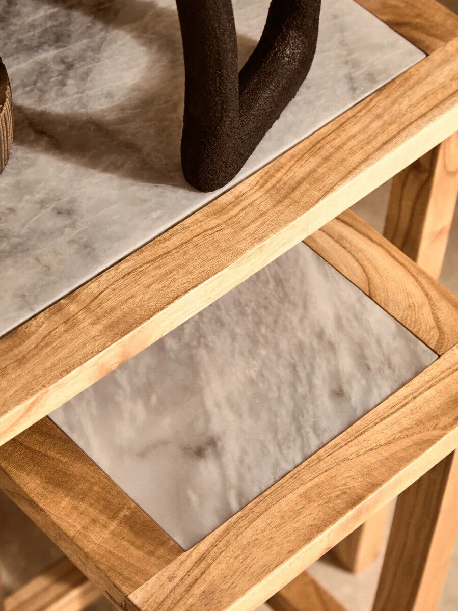 Orsina White Marble Nesting Side Tables with Natural Wood Frames – Set of 2