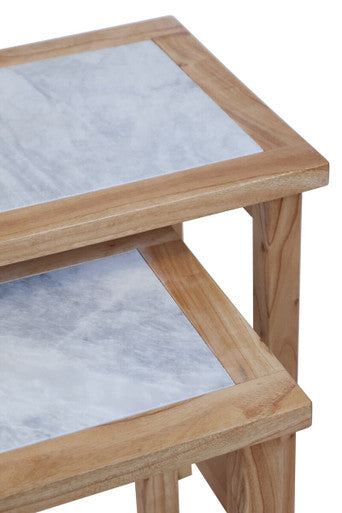 Orsina White Marble Nesting Side Tables with Natural Wood Frames – Set of 2