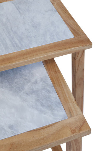Orsina White Marble Nesting Side Tables with Natural Wood Frames – Set of 2