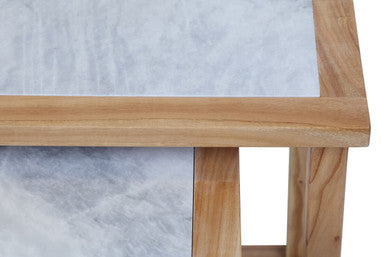 Orsina White Marble Nesting Side Tables with Natural Wood Frames – Set of 2
