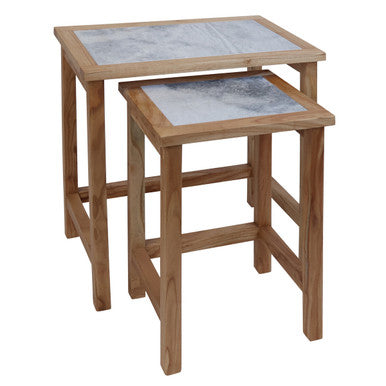 Orsina White Marble Nesting Side Tables with Natural Wood Frame, Set of 2