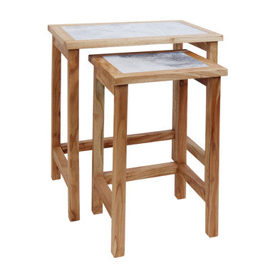 Orsina White Marble Nesting Side Tables with Natural Wood Frame, Set of 2