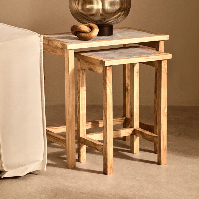 Orsina White Marble Nesting Side Tables with Natural Wood Frame, Set of 2