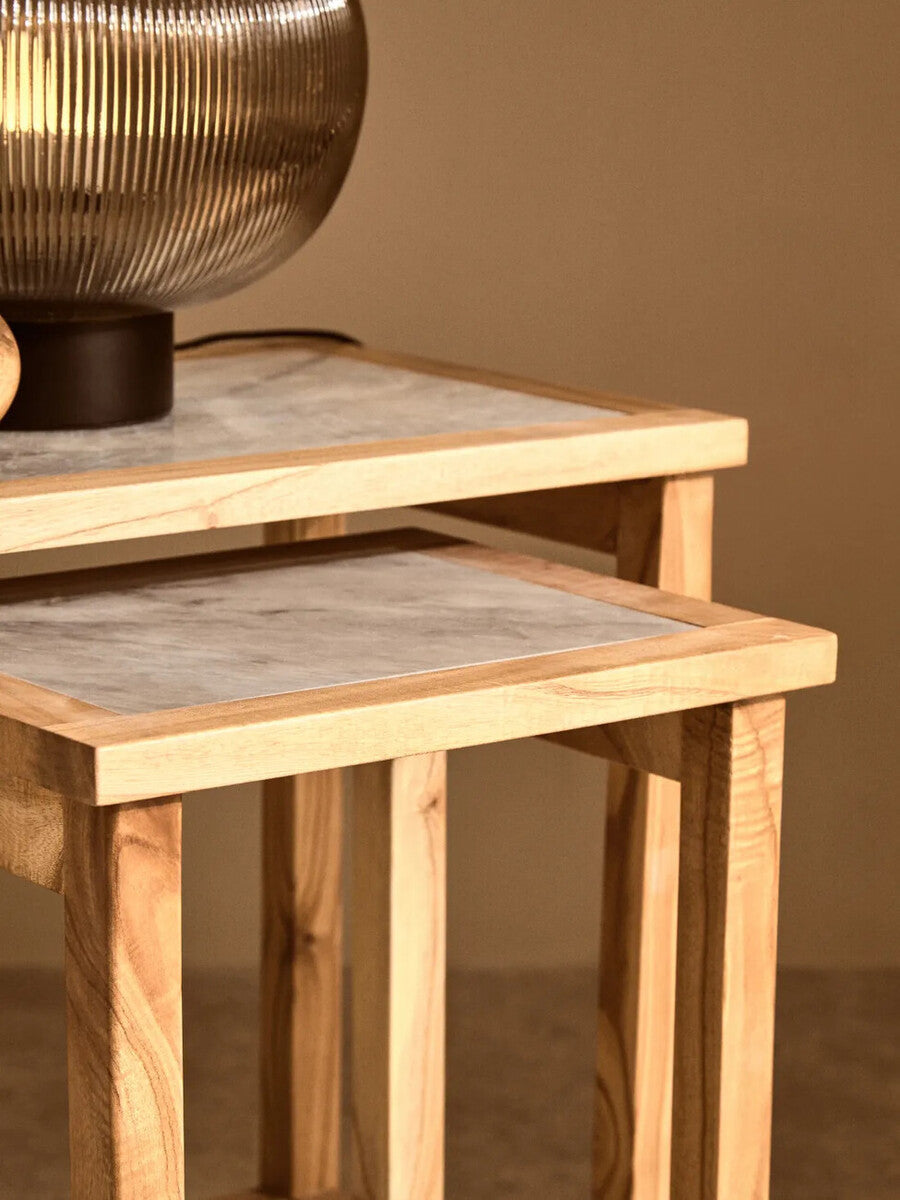 Orsina White Marble Nesting Side Tables with Natural Wood Frame, Set of 2