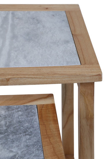Orsina White Marble Nesting Side Tables with Natural Wood Frame, Set of 2