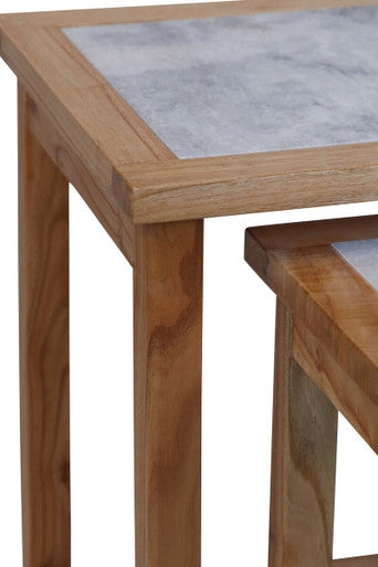 Orsina White Marble Nesting Side Tables with Natural Wood Frame, Set of 2