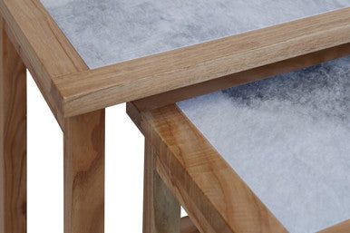 Orsina White Marble Nesting Side Tables with Natural Wood Frame, Set of 2