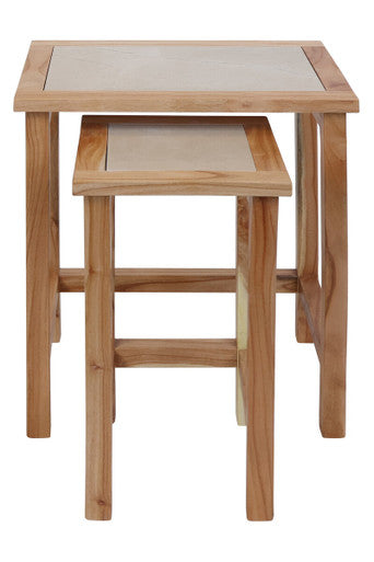 Orsina Cream Marble Nesting Side Tables – Set of 2 Natural Wood