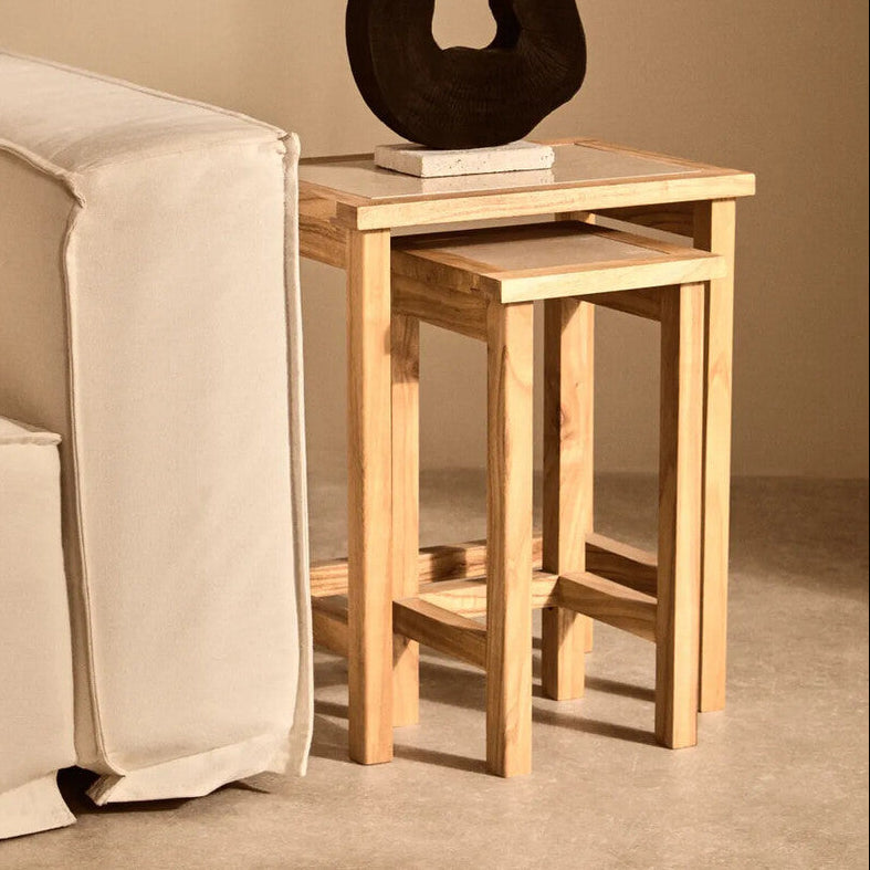 Orsina Cream Marble Nesting Side Tables – Set of 2 Natural Wood