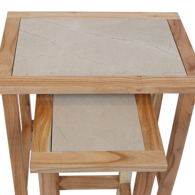 Orsina Cream Marble Nesting Side Tables – Set of 2 Natural Wood