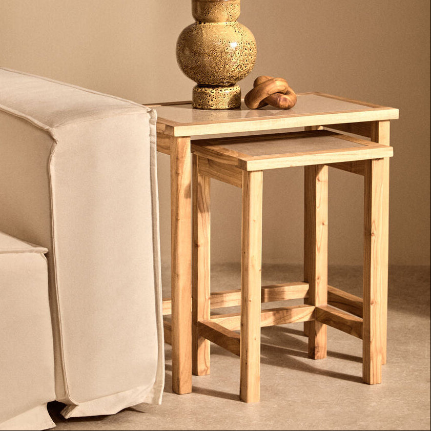 Orsina Cream Marble Nesting Side Tables – Set of 2 Wood Frame Tables