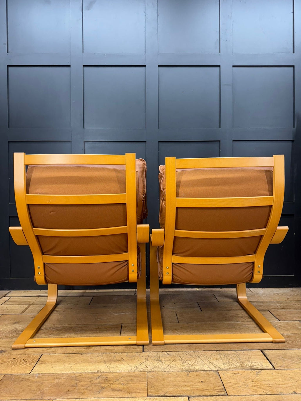 Vintage Pair Of IKEA Poäng Lounge Chairs with Footstool – Armchairs Tan Leather