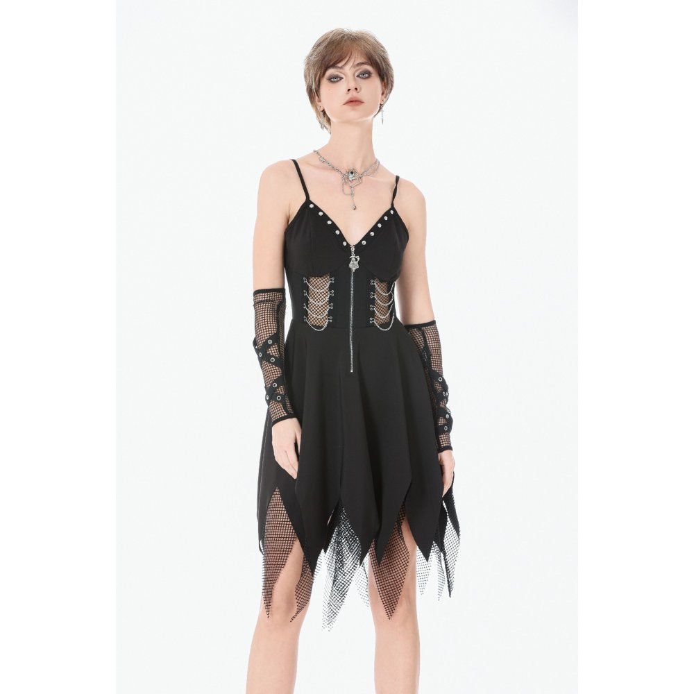 Dark in Love Black Punk Sleeveless Dress with Chains and Mesh