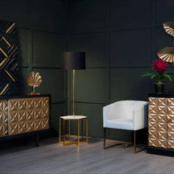 Orsina Sika White Marble and Gold Floor Lamp with Black Fabric Shade