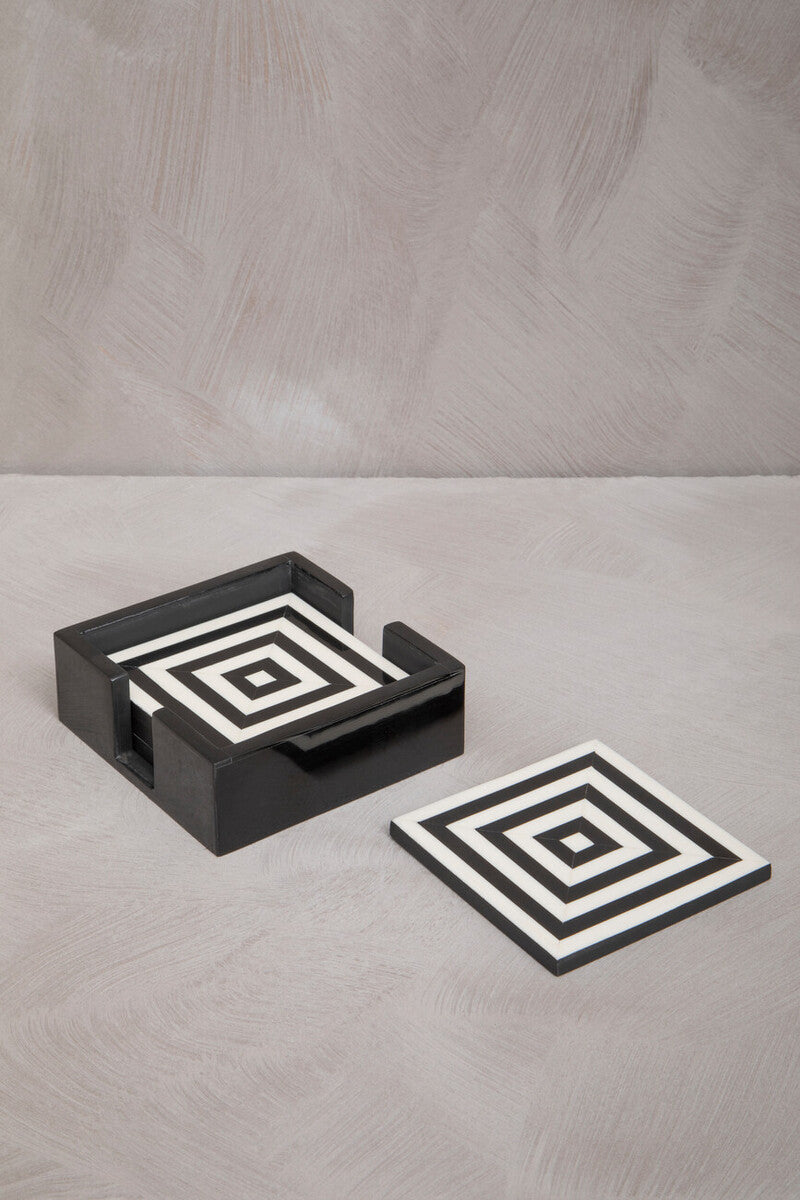 Orsina Donato Black and White Striped Coasters with Holder - Set of 4