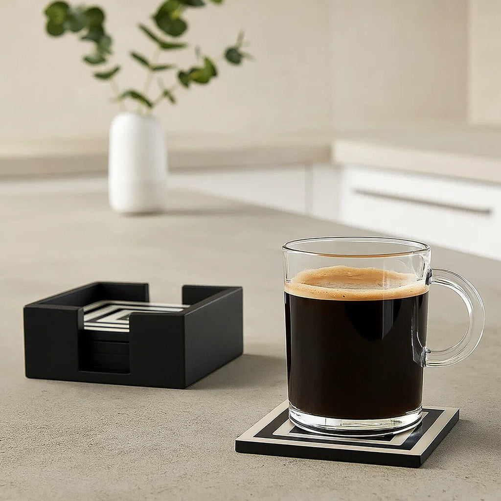 Orsina Donato Black and White Striped Coasters with Holder - Set of 4