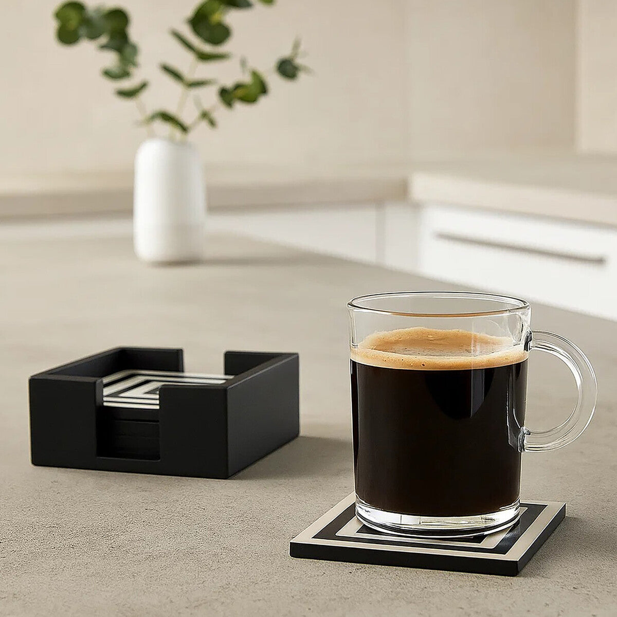 Orsina Donato Black and White Striped Coasters with Holder - Set of 4