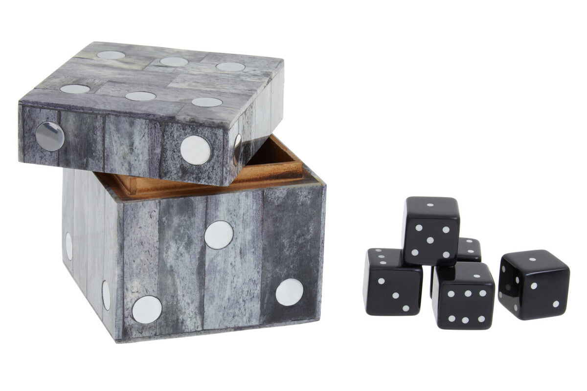 Orsina Grey Bone Dice Box with 5 Black Dice – Tabletop Storage Case