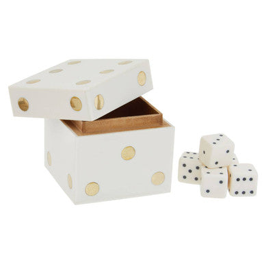 Orsina White and Gold Dice Box with 5 Dice – Minimalist Tabletop Decor