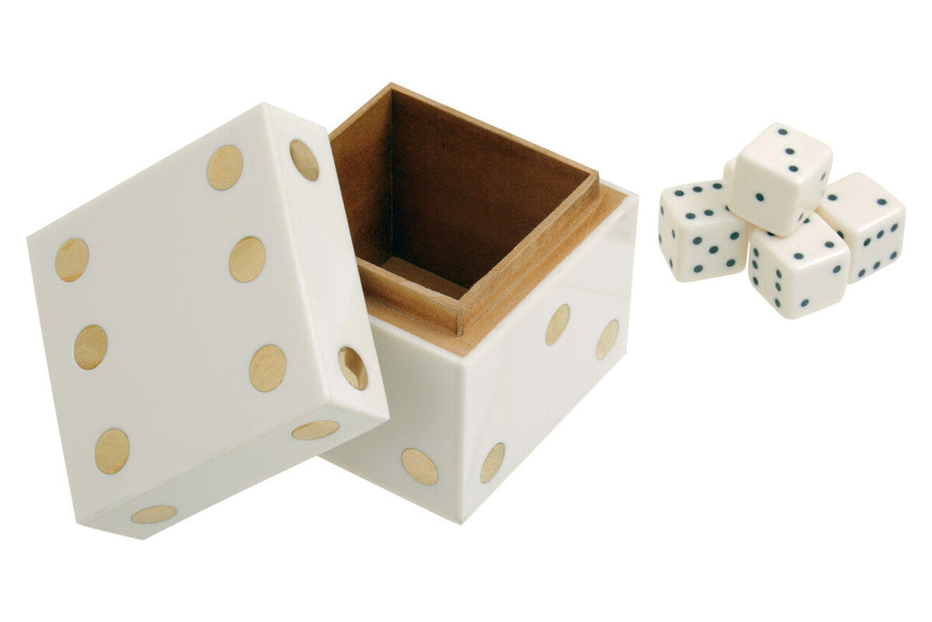 Orsina White and Gold Dice Box with 5 Dice – Minimalist Tabletop Decor