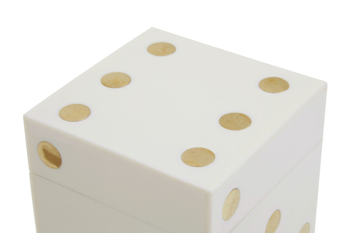 Orsina White and Gold Dice Box with 5 Dice – Minimalist Tabletop Decor